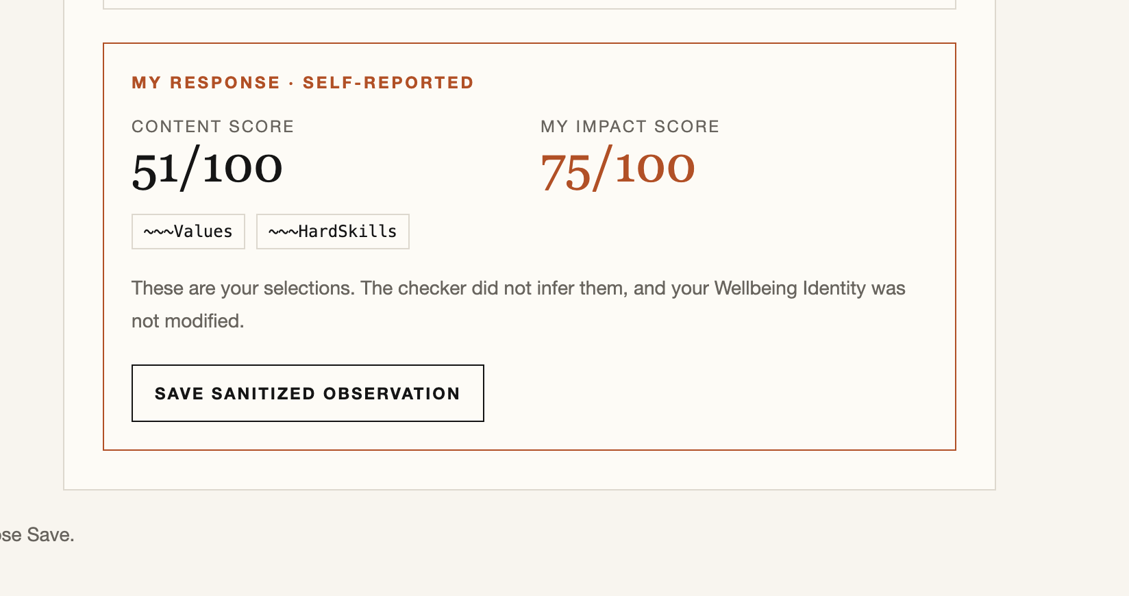 Cortisol Checker result comparing a 51 out of 100 content score with a participant-entered 75 out of 100 impact score and participant-selected Values and Hard Skills facets
