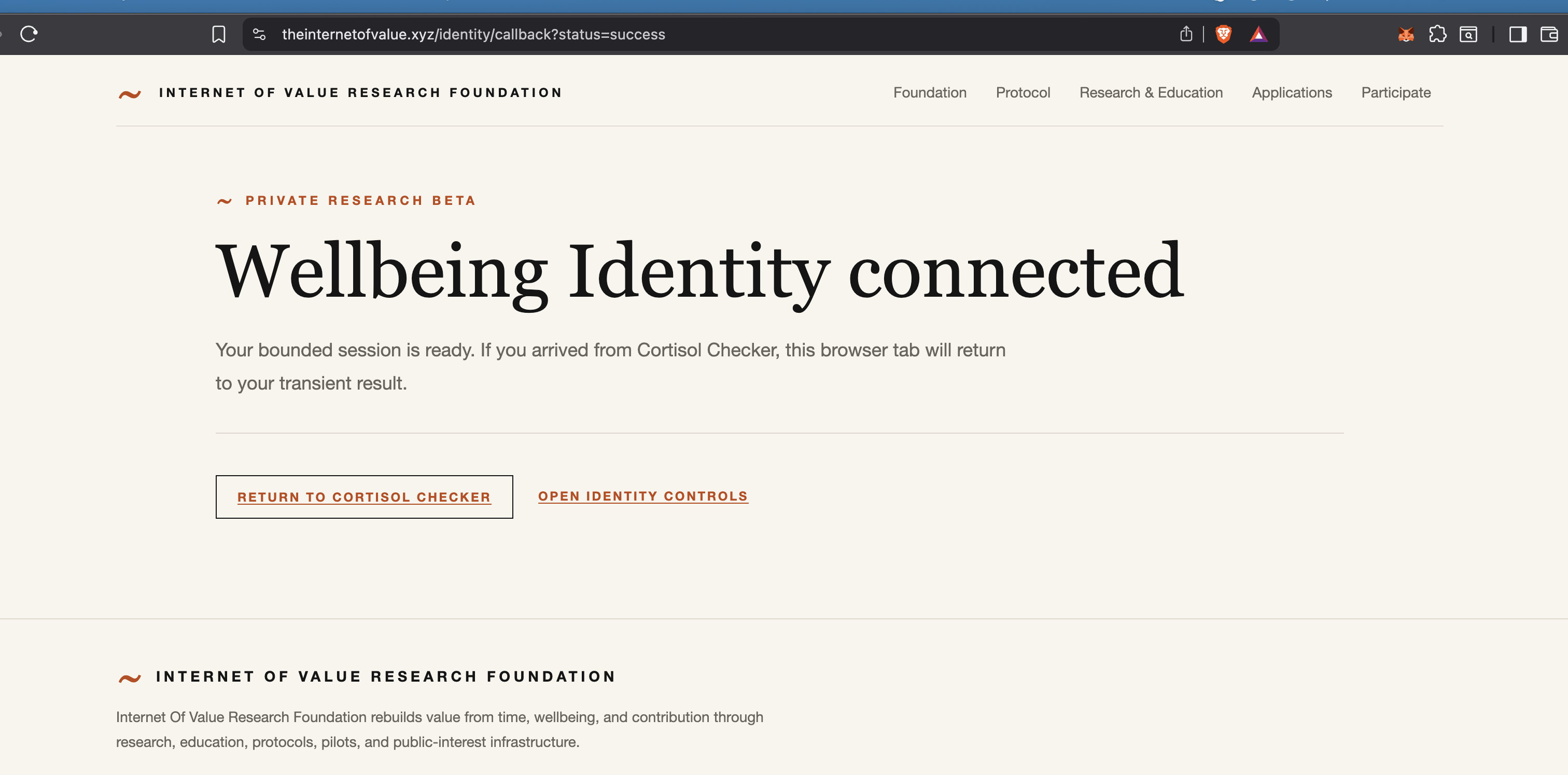 Successful Wellbeing Identity connection screen confirming that a bounded Word Wallet session is ready